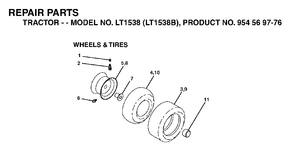 Wheels And Tires Diagram and Parts List for LT1538 (LT1538B, 954569776)(2002-11) Husqvarna Lawn Tractor