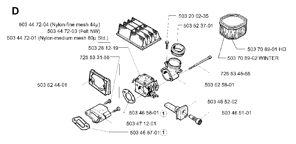 Carburetor And Air Filter Diagram and Parts List for 394XPEPA 19980900001 Husqvarna Chainsaw