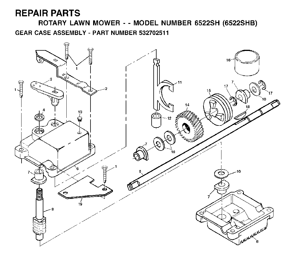 Gear Case Diagram and Parts List for 6522SHB (954222718, 532702511)(2001-10) Husqvarna Lawn Mower