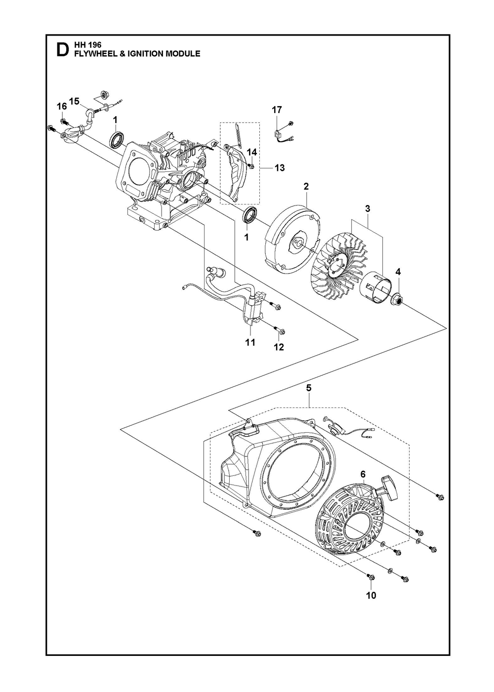 Flywheel And Ignition Assembly Diagram and Parts List for HH196536296201 536296202, 536296203 Husqvarna Engine
