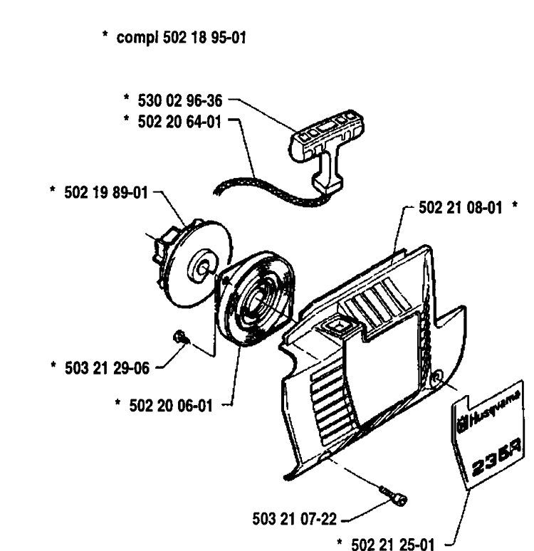 Starter Assembly Diagram and Parts List for 235R 1992-12 Husqvarna Brush Cutter