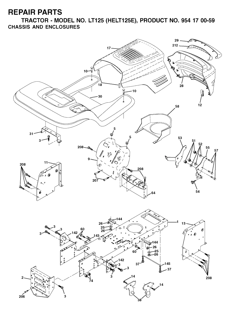 Chassis And Enclosures Diagram and Parts List for LT125 (954170059-E)(2002-03) Husqvarna Lawn Tractor
