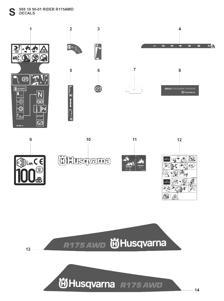 Decals Diagram and Parts List for R175AWD (965105001)(2008-06) Husqvarna Lawn Tractor