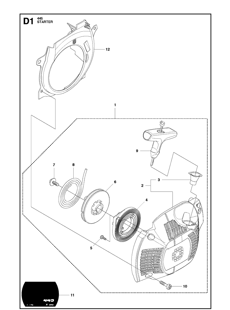 Starter Diagram and Parts List for 445 2011-07 Husqvarna Chainsaw