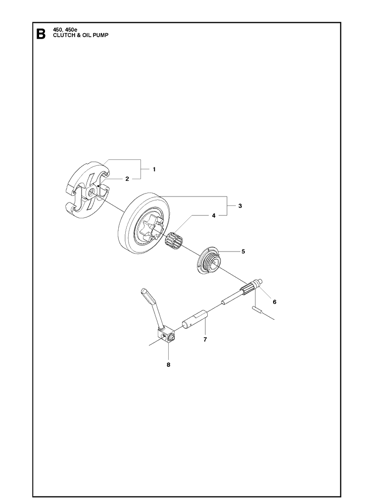Clutch And Oil Pump Diagram and Parts List for 450E  Husqvarna Chainsaw
