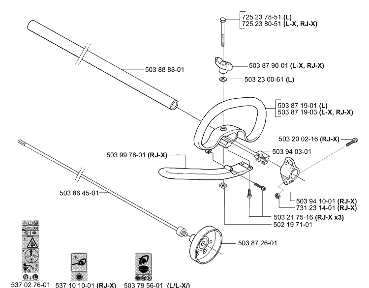 Handle And Shaft Diagram and Parts List for 322L 2001-01 Husqvarna Trimmer