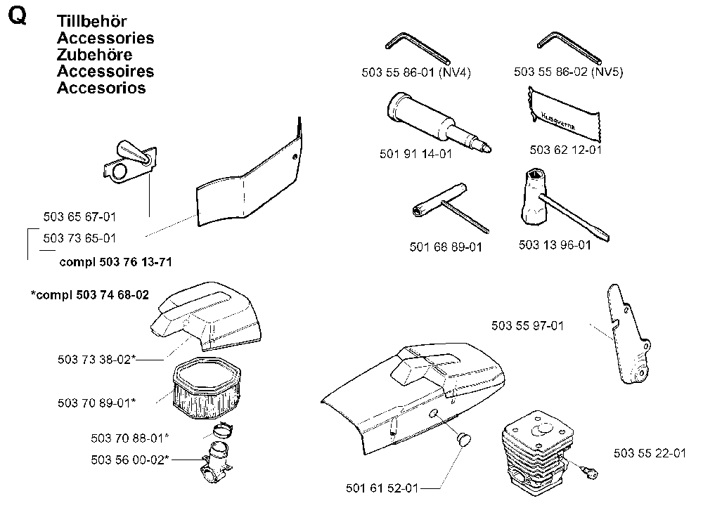 Accessories Diagram and Parts List for 394XPEPA 19980900001 Husqvarna Chainsaw