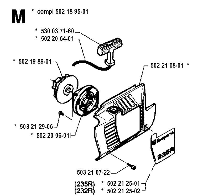 Starter Diagram and Parts List for 232R 19940600001-19954500000 Husqvarna Brush Cutter