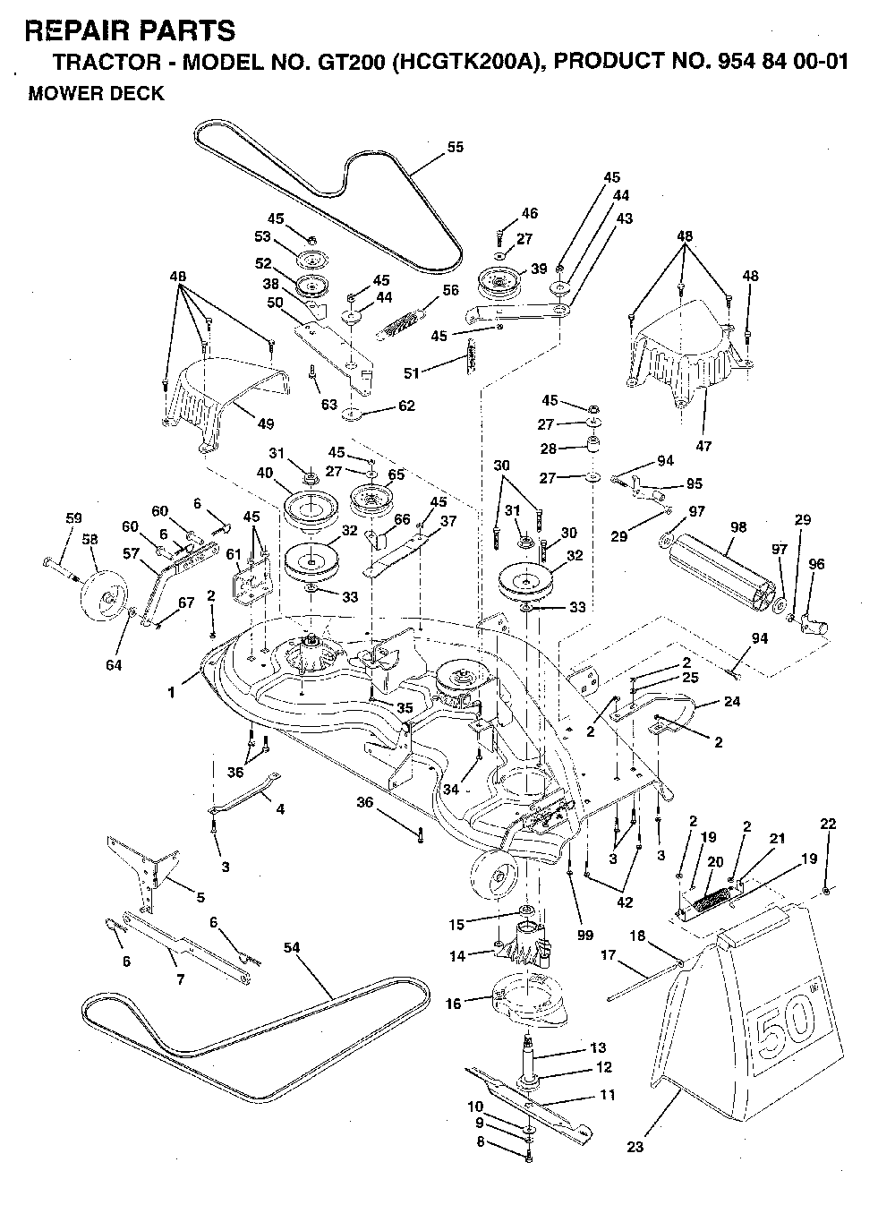 Mower Deck / Cutting Deck Diagram and Parts List for GT200 (HCGTK200A, 954840001)(1996-01) Husqvarna Lawn Tractor