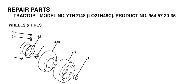 Wheels And Tires Diagram and Parts List for YTH2148-LO21H48C 2004-03 Husqvarna Lawn Tractor