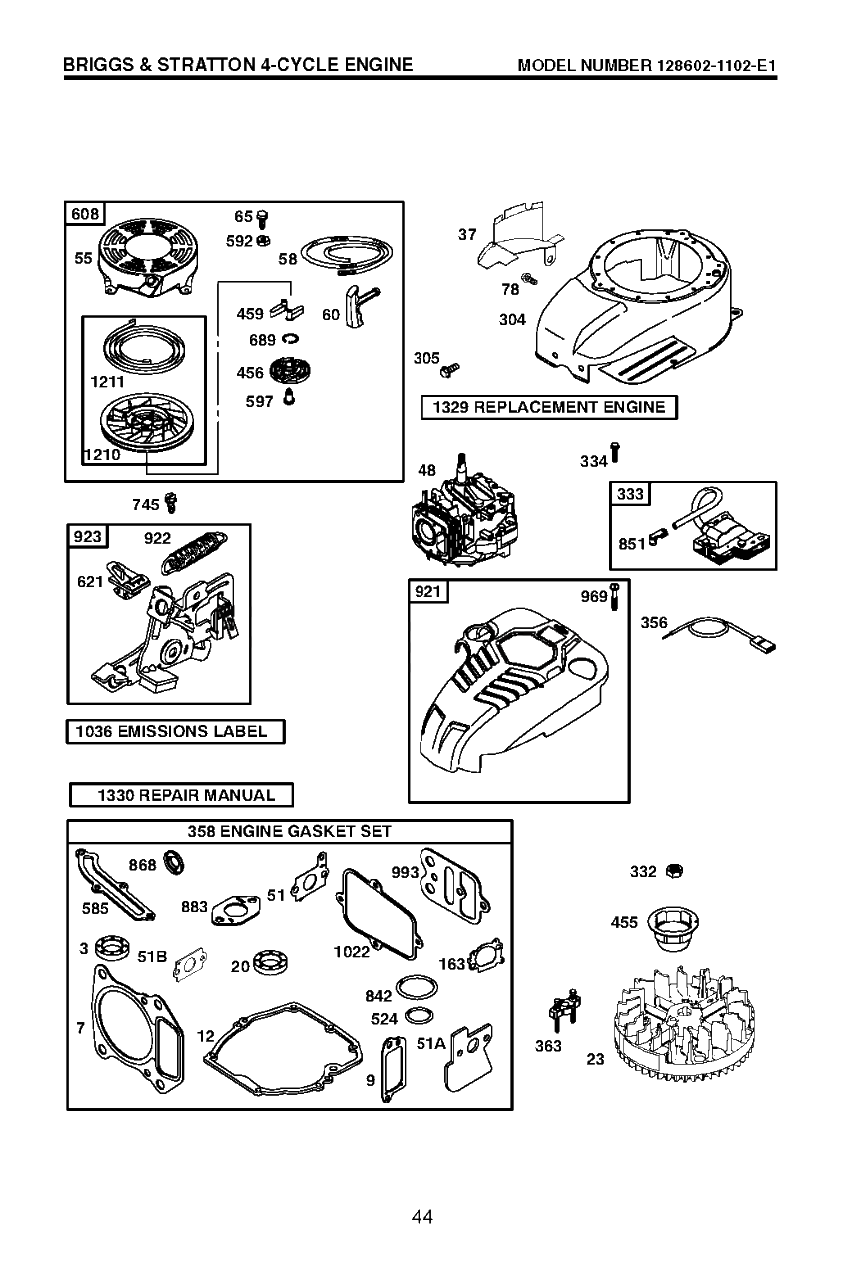Engine Diagram and Parts List for 875 (917374456)(2008-02) Husqvarna Lawn Mower