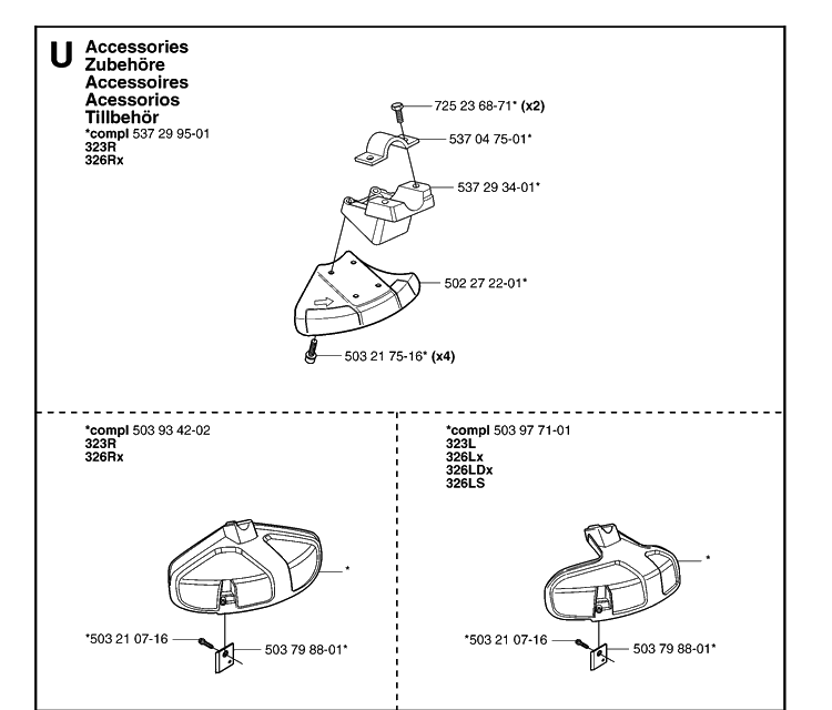 Accessories Diagram and Parts List for 323R 20070100001-20144900000 Husqvarna Brush Cutter