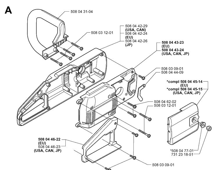 Chassis / Frame Diagram and Parts List for 316 20000600001-20030100000 Husqvarna Chainsaw