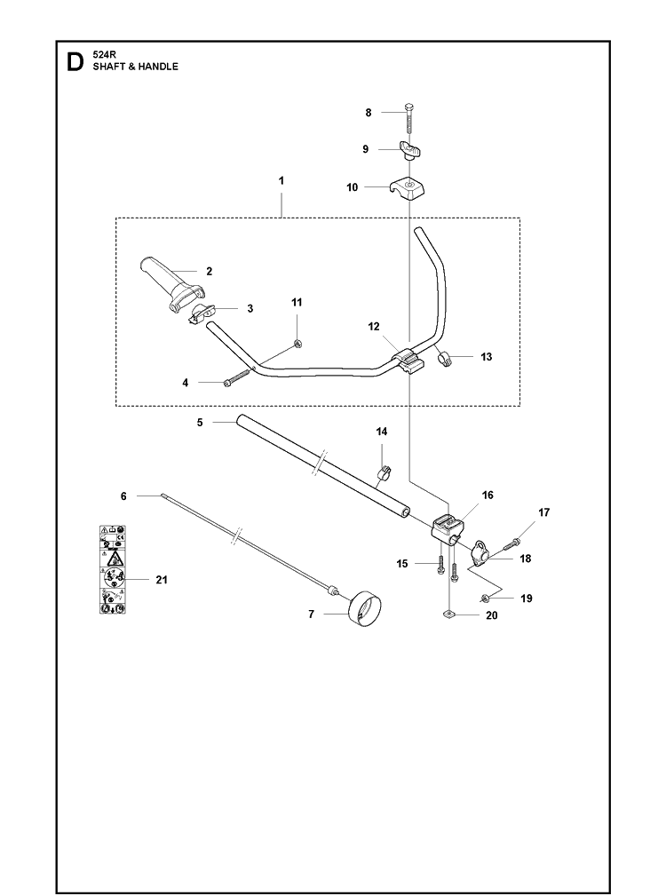 Shaft And Handle Diagram and Parts List for 524R 2020-11 Husqvarna Brush Cutter