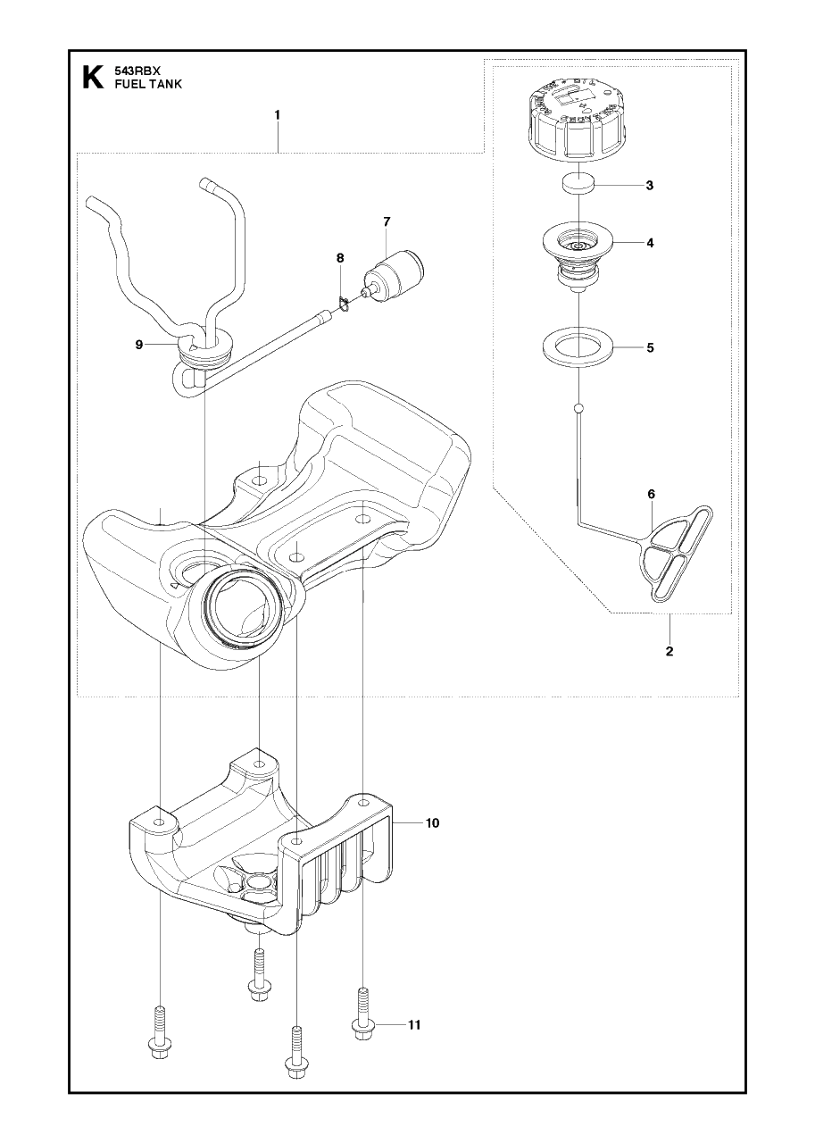 Fuel Tank Diagram and Parts List for 543RBX 20130500001 - 20154400000 Husqvarna Brush Cutter