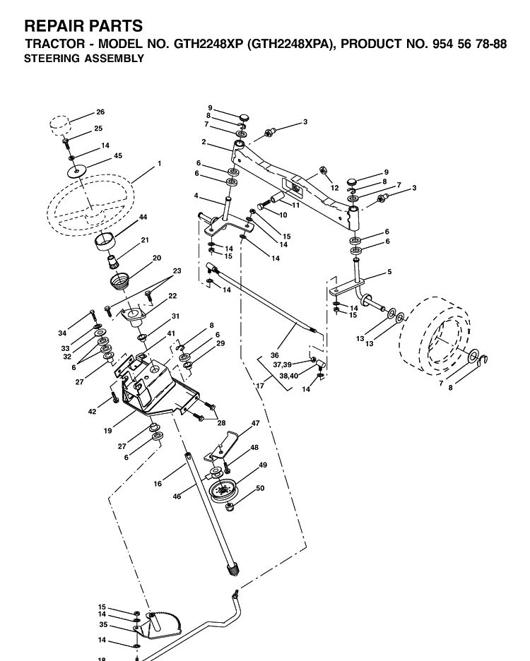 Steering Diagram and Parts List for GTH2248XP-GTH2248XPA 2002-01 Husqvarna Lawn Tractor