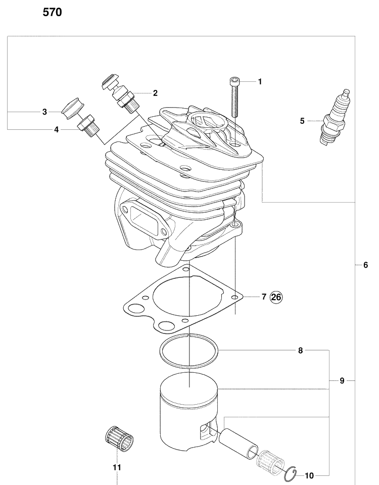 Cylinder Piston Diagram and Parts List for 570EPA 2009-01 Husqvarna Chainsaw