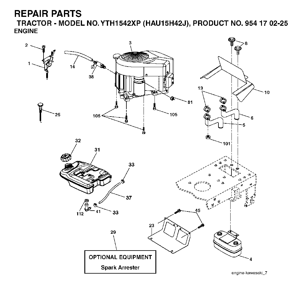 Engine Diagram and Parts List for YTH1542XP (HAU15H42J, 954170225)(2004-09) Husqvarna Lawn Tractor