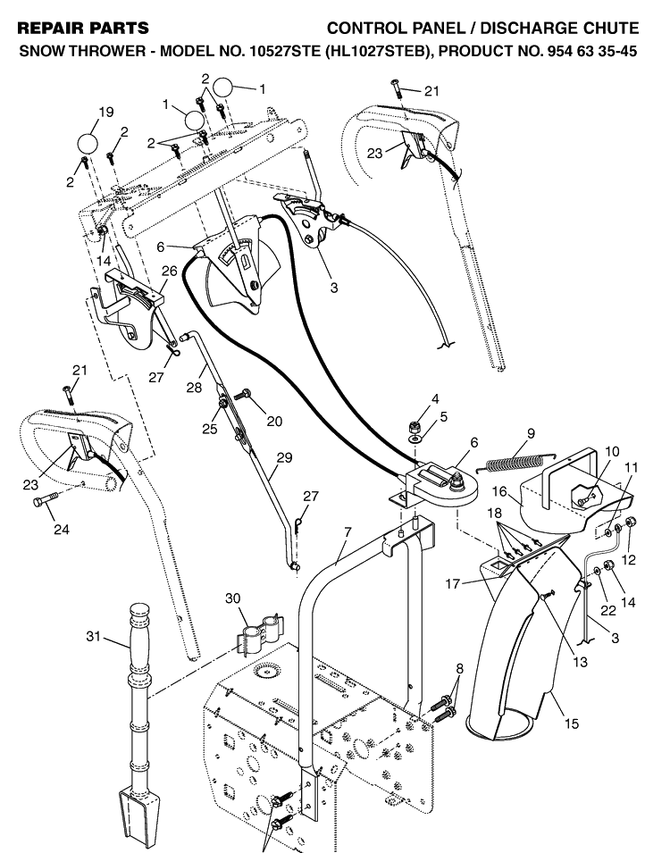 Control Panel And Discharge Chute Diagram and Parts List for 10527STE (HL1027STEB)(2004-09) Husqvarna Snow Blower