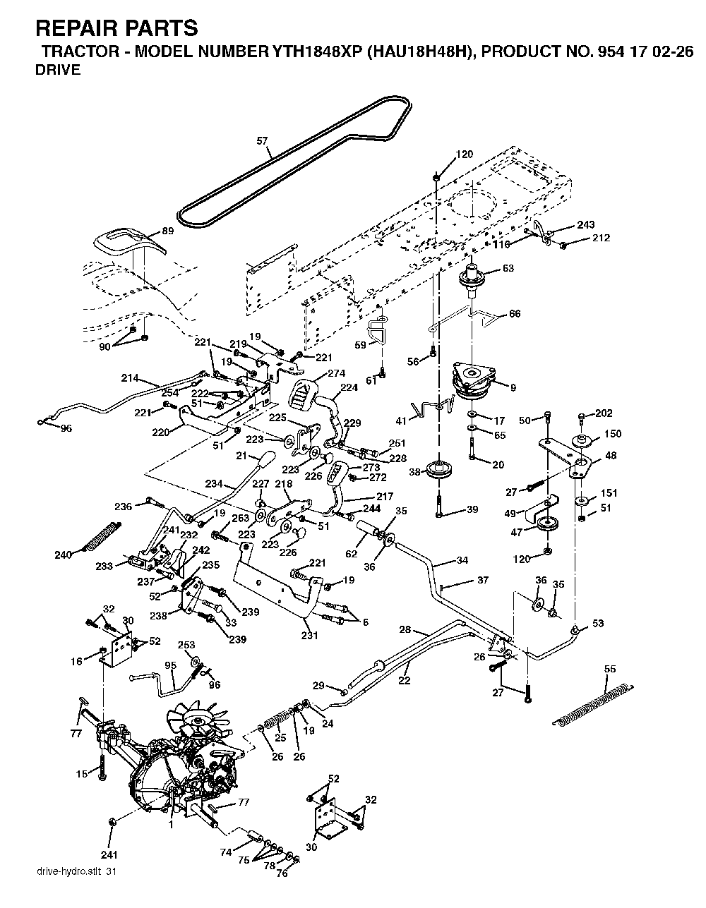 Drive Diagram and Parts List for YTH1848XP (HAU18H48H, 954170226)(2004-09) Husqvarna Lawn Tractor