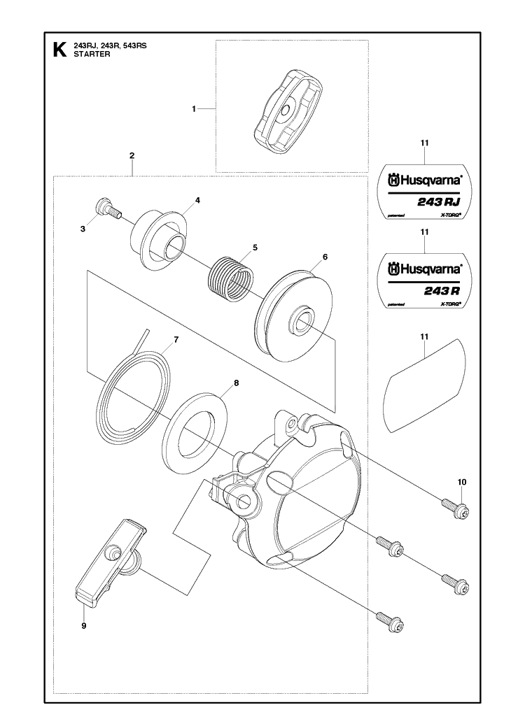 Starter Diagram and Parts List for 543RS 20113200001-20121000000 Husqvarna Brush Cutter