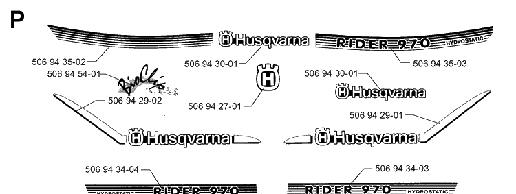 Decals Diagram and Parts List for RIDER970HST 1998-03 Husqvarna Lawn Mower