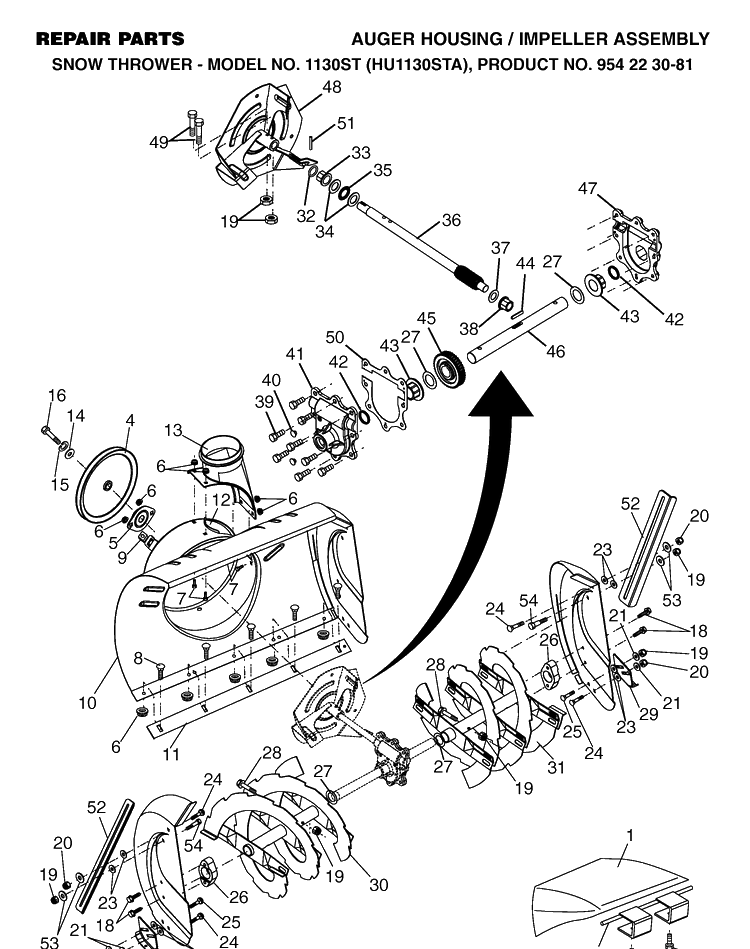 Auger Housing And Impeller Diagram and Parts List for 1130ST (HU1130STA)(2002-09) Husqvarna Snow Blower