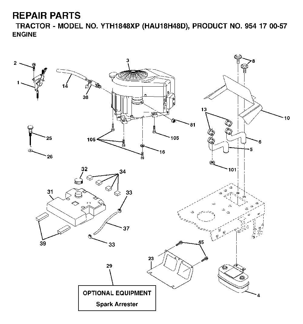 Engine Diagram and Parts List for YTH1848XP (HAU18H48D, 954170057)(2003-01) Husqvarna Lawn Tractor