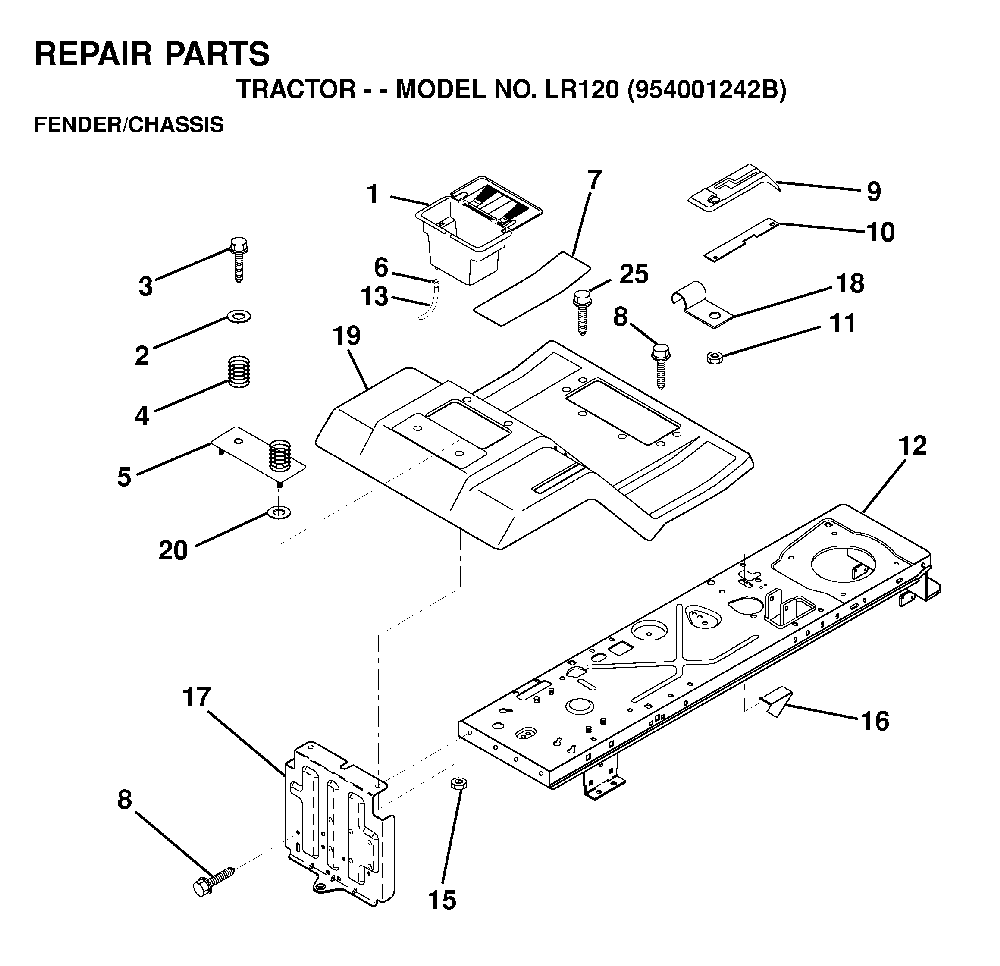 Chassis / Frame Diagram and Parts List for LR120 (954001242B)(1995-02) Husqvarna Lawn Tractor