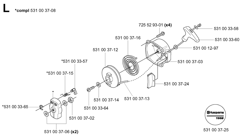 Starter Diagram and Parts List for 155B (TEX54D-EC50)(20041400001-Current)(2004) Husqvarna Leaf Blower / Vacuum