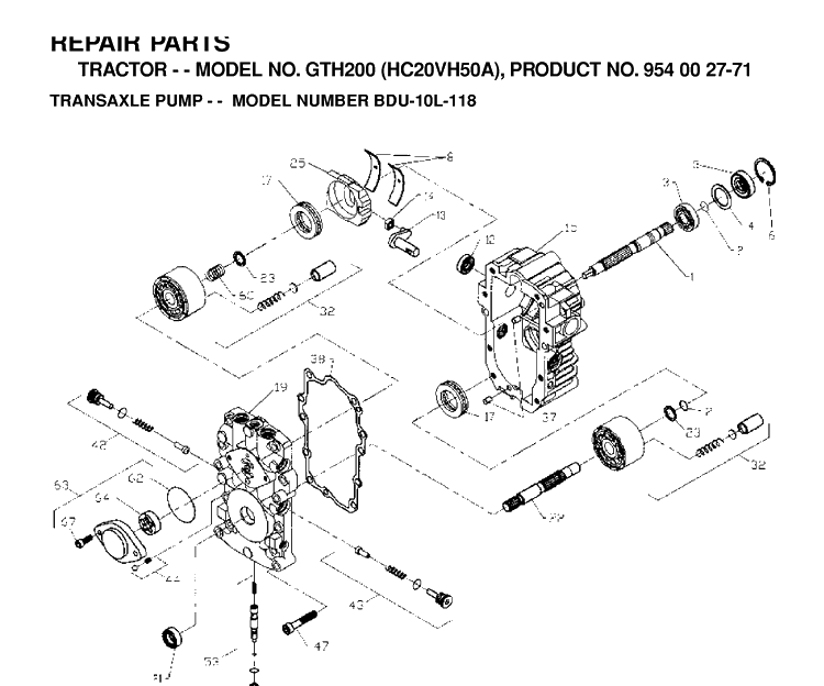 Hydraulic Pump - Motor Diagram and Parts List for GTH200 (HC20VH50A)(1996-04) Husqvarna Lawn Tractor