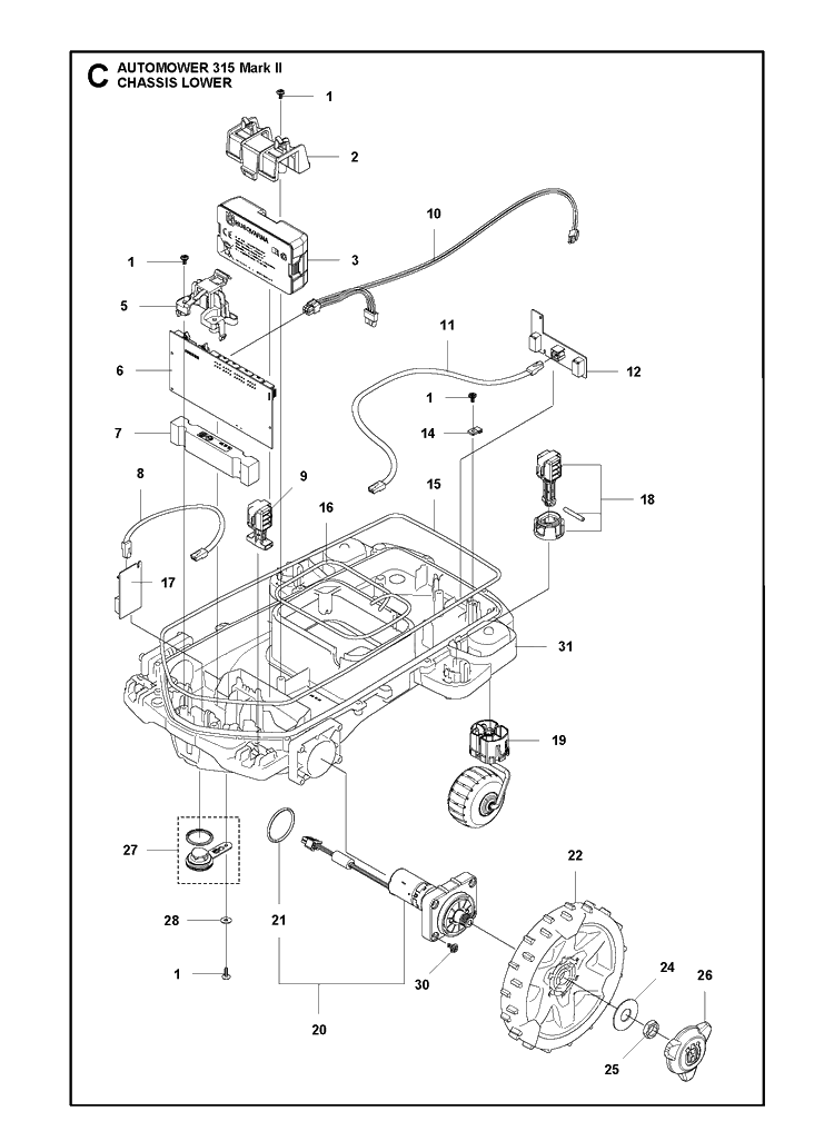 Chassis Lower Diagram and Parts List for 315 Mark II Husqvarna Lawn Mower