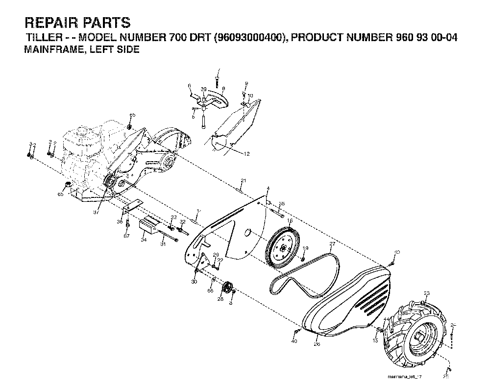 Mainframe, Left Side Diagram and Parts List for 700DRT (96093000400)(2006-02) Husqvarna Tiller