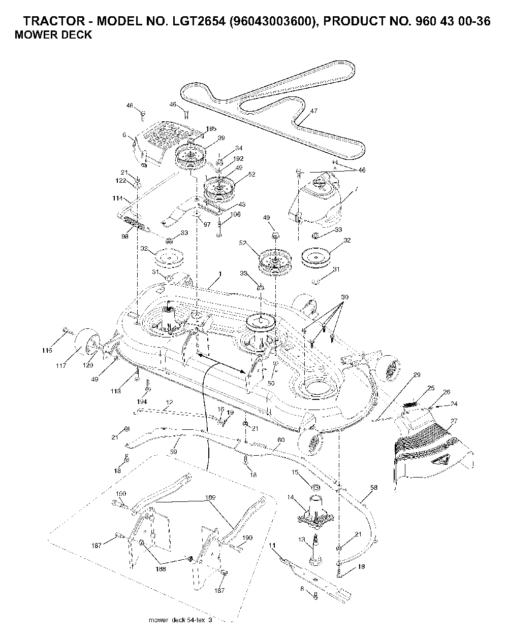 Mower Deck / Cutting Deck Diagram and Parts List for LGT2654 (96043003600, 960430036)(2006-12) Husqvarna Lawn Tractor