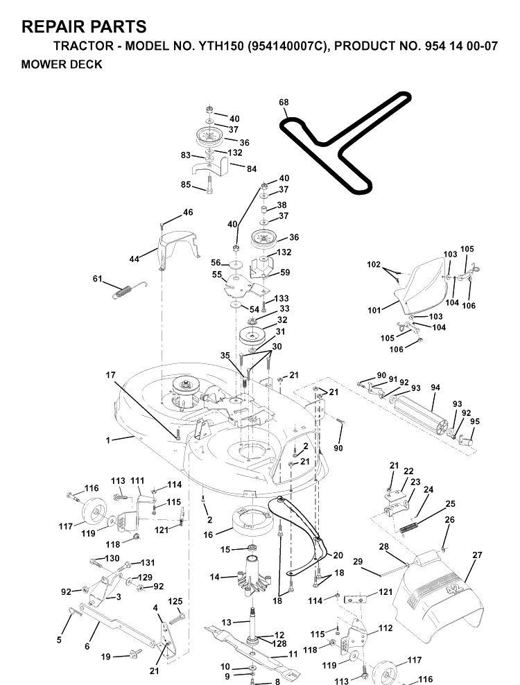 Mower Deck / Cutting Deck Diagram and Parts List for YTH150 (954140007C)(1997-01) Husqvarna Lawn Tractor