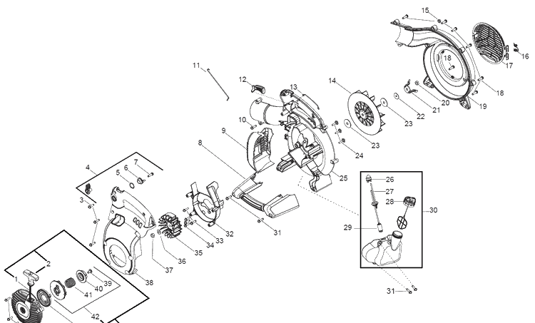 Housing Diagram and Parts List for 125BVX  Husqvarna Leaf Blower / Vacuum
