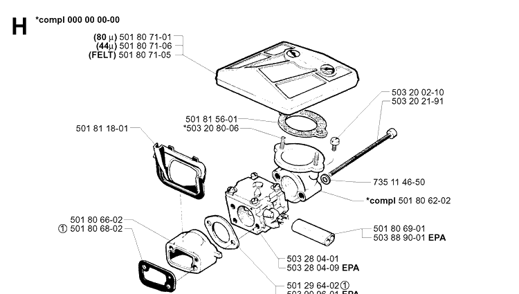 Carburetor And Air Filter 2 Diagram and Parts List for 288 20014000001-Current Husqvarna Chainsaw