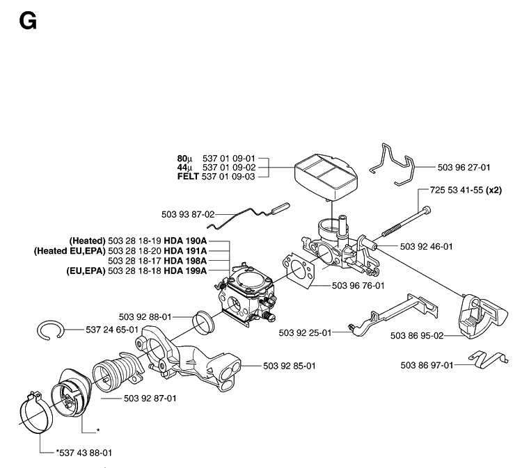 Carburetor And Air Filter Diagram and Parts List for 359 20070900001-Current Husqvarna Chainsaw
