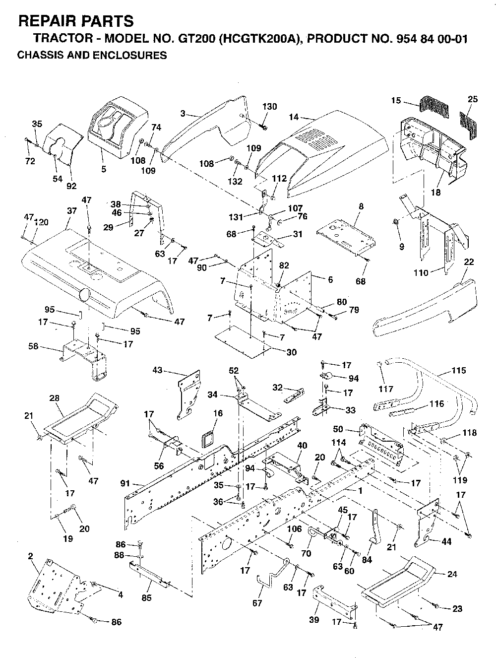 Chassis And Enclosures Diagram and Parts List for GT200 (HCGTK200A, 954840001)(1996-01) Husqvarna Lawn Tractor