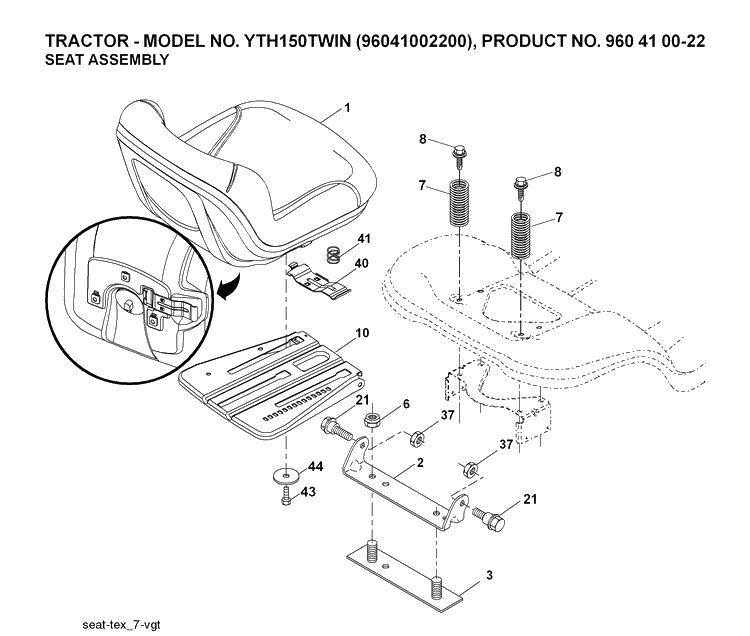 Seat Diagram and Parts List for YTH150 (96041002200)(2007-04) Husqvarna Lawn Tractor