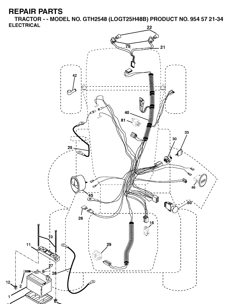Electrical Diagram and Parts List for GTH2548-LOGT25H48B 2003-12 Husqvarna Lawn Tractor