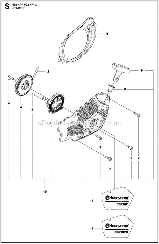 Starter Diagram and Parts List for 592XPG  Husqvarna Chainsaw