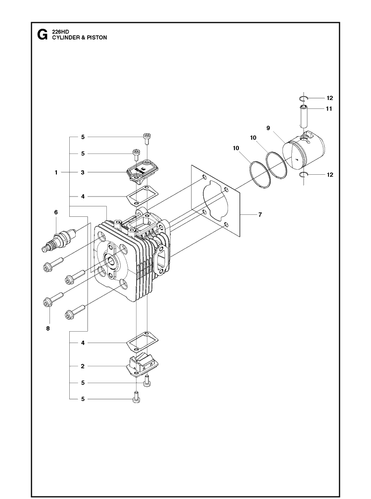 Cylinder, Piston And Muffler Diagram and Parts List for 226HD75S 20090100001-20130499999 Husqvarna Hedge Trimmer