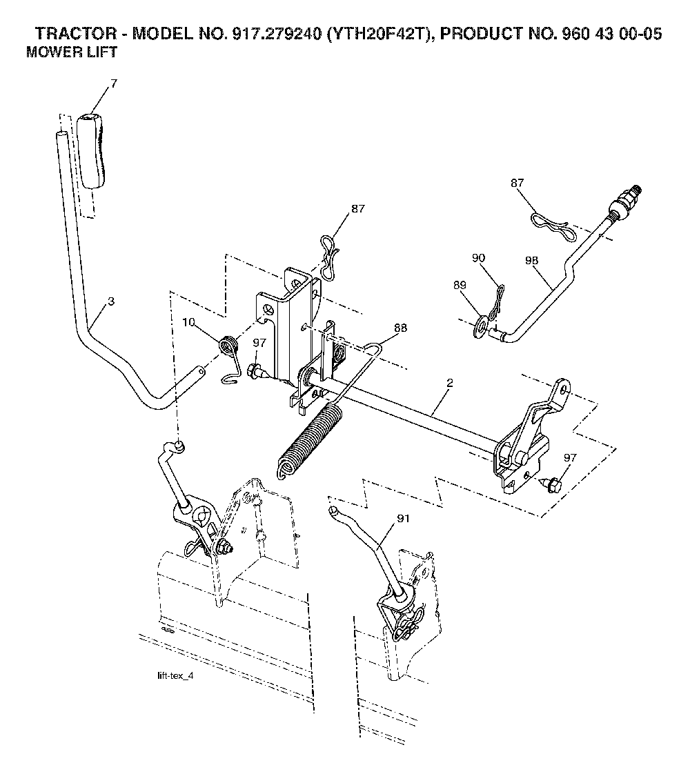Mower Lift / Deck Lift Diagram and Parts List for YTH20F42T (917279240, 960430005)(2006-02) Husqvarna Lawn Tractor