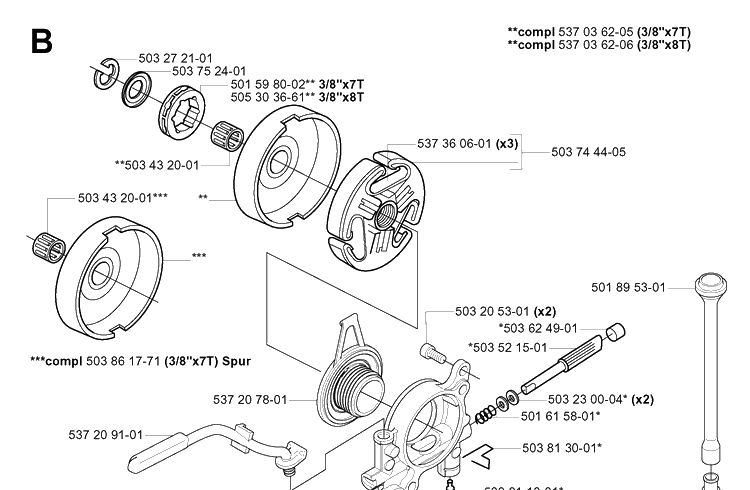 Clutch And Oil Pump Diagram and Parts List for 575XP 20051400001-20070100000 Husqvarna Chainsaw