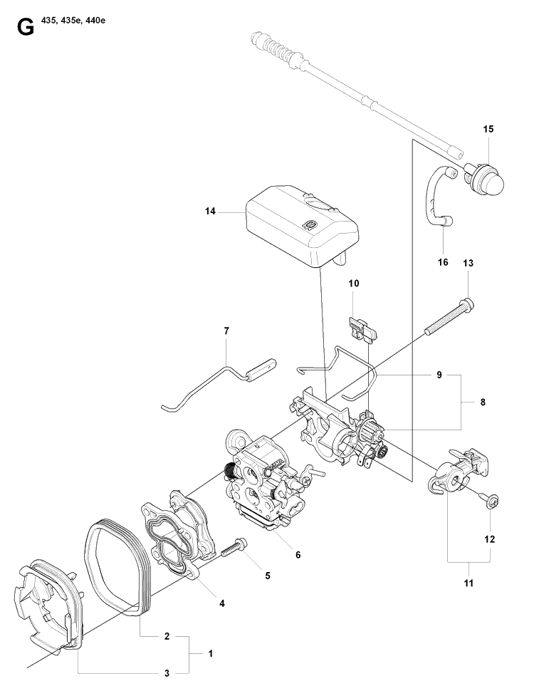 Carburetor And Air Filter Diagram and Parts List for 435 20081800001-20090400000 Husqvarna Chainsaw