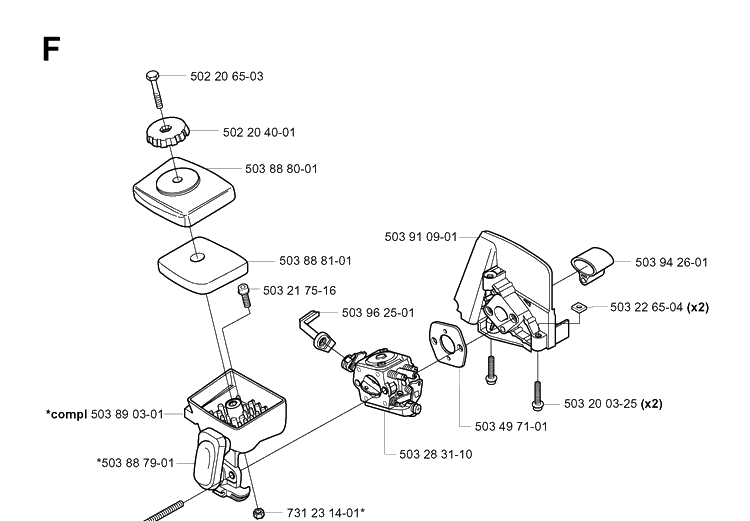 Carburetor And Air Filter Diagram and Parts List for 325P 20010500001-20010500001 Husqvarna Pole Saw