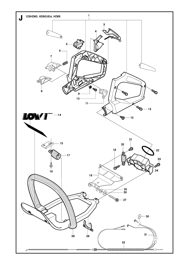 Handle And Controls Diagram and Parts List for 123HD65X 20100600001-Current Husqvarna Hedge Trimmer