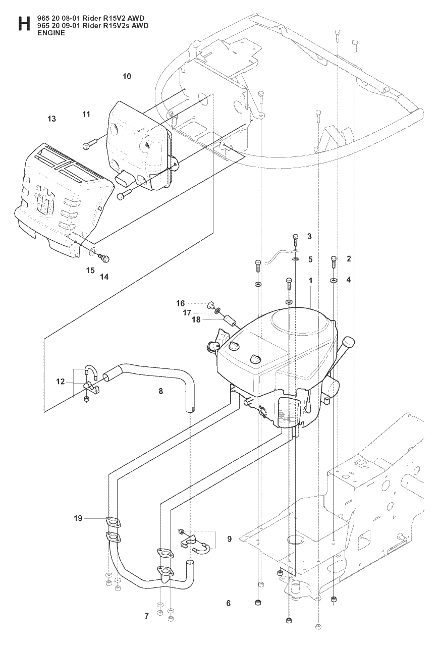 Engine Diagram and Parts List for R15-V2AWD (965200901)(2008-01) Husqvarna Lawn Tractor