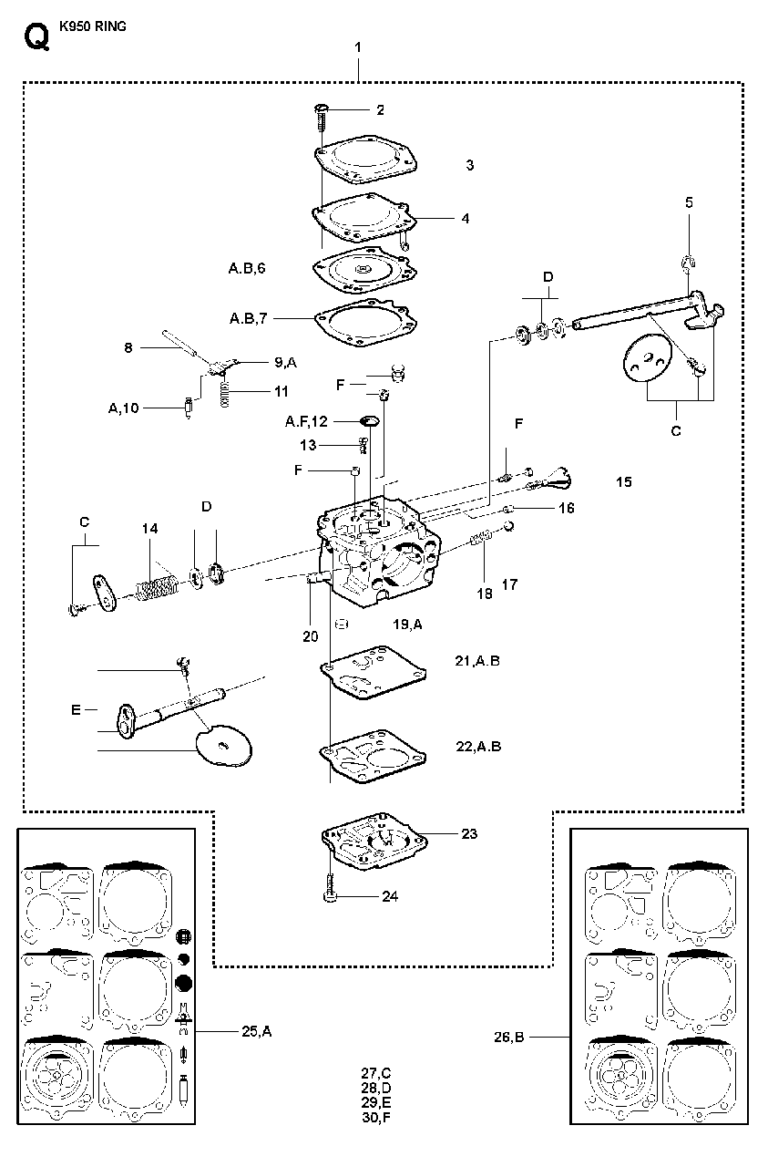 Carburetor Details Diagram and Parts List for K950RING 2007-01 Husqvarna Circular Saw